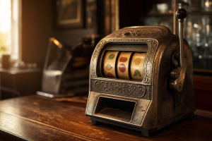 Historischer mechanischer Spielautomat mit drei Walzen und seitlichem Hebel in warmem Licht